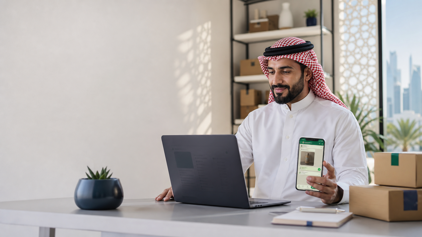 تاجر إلكتروني خليجي يدير طلباته من الحاسوب والهاتف